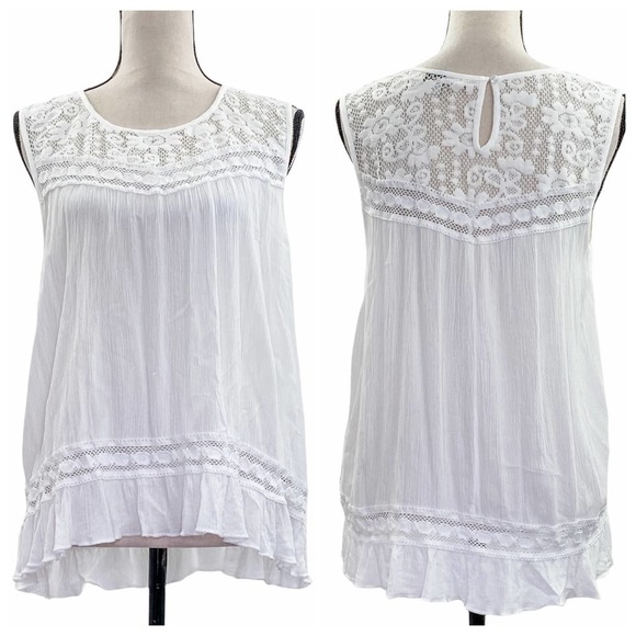 Speed Limit Tops - SPEED Limit MPH White Sheer Lace Yoke Sleeveless Crochet Blouse